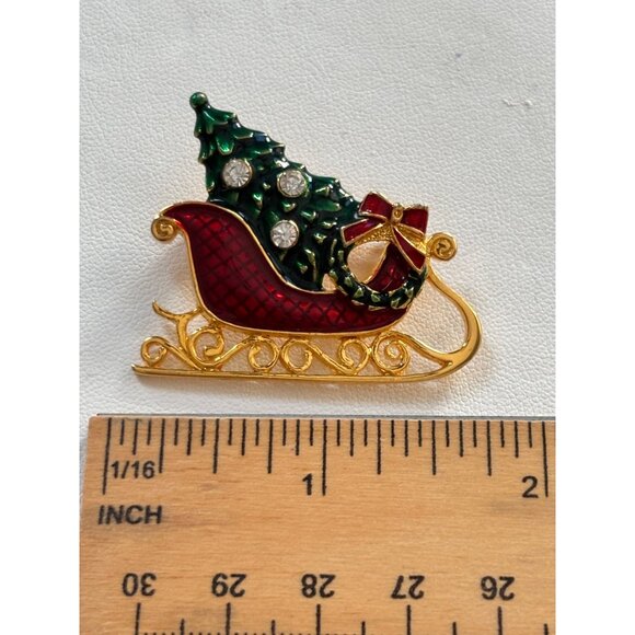 Vintage Eisenberg Ice Christmas Sleigh Brooch Red Green Enamel Rhinestones Gold- - Picture 2 of 7